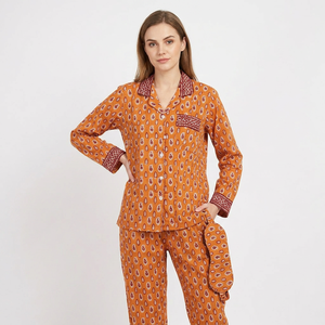 Conjunto de pijama de manga larga con estampado de Paisley naranja para mujer, con cuello vuelto y cierre de botones, ropa de dormir de algodón de longitud completa - Product Image 1