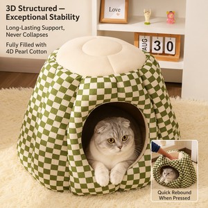 Lit-caverne rond pour <span class=keywords><strong>chat</strong></span> en velours côtelé à motif floral, design fermé avec capuche, rembourrage en <span class=keywords><strong>mousse</strong></span> à mémoire de forme, dessus en forme de feuille, amovible et lavable, pour chats et petits chiens - Product Image 2