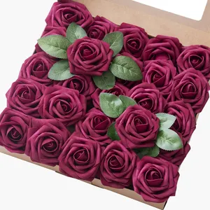 Nhân Tạo Rose Flower Box Set Thực Tế 25Pcs Berry Hồng Hoa Hồng Với Thân Cây Cho Tự Làm Bó Hoa Cưới Cô Dâu Trang Trí Vòi Hoa Sen