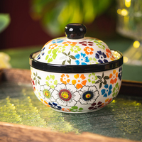 Petite cocotte en céramique peinte à la main, style rétro, motif floral, pot à soupe domestique avec couvercle, pot à double fond, pour œufs à la vapeur et crème anglaise
