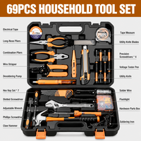 Ensemble d'outils ménagers de 69 pièces avec pinces multifonctions, dénudeurs de fils, tournevis, couteau utilitaire, marteau à griffes, boîte à outils