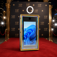 Photomaton intégré dans un cabinet, style borne interactive, avec éclairage RGB et imprimante dissimulée, idéal pour les événements commerciaux