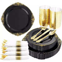 Service de vaisselle jetable Baroque pour mariage, desserts et apéritifs, assiettes en plastique transparent avec bord doré, tasses, serviettes, fourchettes