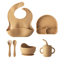 6 pièces arc-en-ciel Silicone bébé ensemble de salle à manger comprenant bol assiette cuillère fourchette tasse à bec avec couvercles de paille pour l'alimentation des enfants