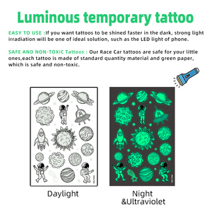 Personalizado niños dibujos animados luminoso espacio cohete UFO niños brillan en la oscuridad falso tatuaje pegatina impermeable tatuaje temporal - Product Image 4