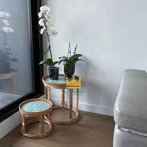 Ensemble de tables basses en rotin nacre à motifs floraux artistiques, tables d'appoint rondes pour la décoration du salon, meubles faits à la main - Product Image 5