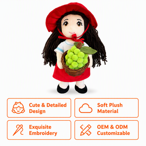Peluche personnalisée avec panier de fruits OEM ODM, jouet en peluche à cheveux longs et chapeau rouge, figurine en tissu doux, cadeau Kawaii pour la récolte, décoration pour enfants - Product Image 2