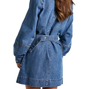 Vestido vaquero casual de verano para mujer, con cinturón, cuello en V, manga larga, mini vestido vaquero - Product Image 2