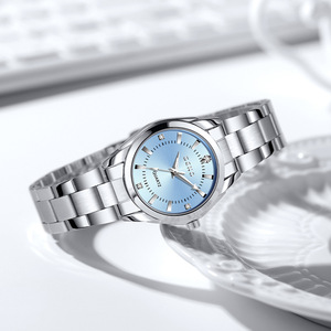 Women Quartz <b>Watch</b> Stainless Steel Band Blue Dial Water Resistant 3Bar <b>Case</b> Analog Display Glass Crystal Hidden Clasp 20Cm - Product Image 5