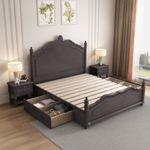 Classic Solid Wood Storage <b>Bed</b> Frame with Underbed Drawers Master Bedroom Furniture Vintage King <b>Queen</b> <b>Size</b> Wooden Platform <b>Bed</b> - Product Image 1