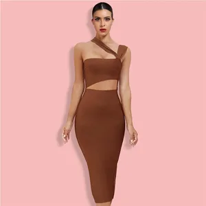 OEM Brown Sleeveless Halter Cutout Ropa Mujer Vestido De Gala Vestidos Cortos Vestido Mujer XL XXL XXXL Bandages Dresses Women