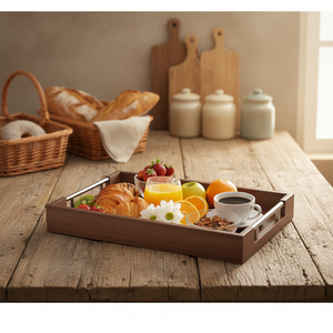 صينية تقديم خشبية للطعام مع مقابض من الفولاذ المقاوم للصدأ الفضي لتزيين طاولات المنزل والفنادق - Product Image 2