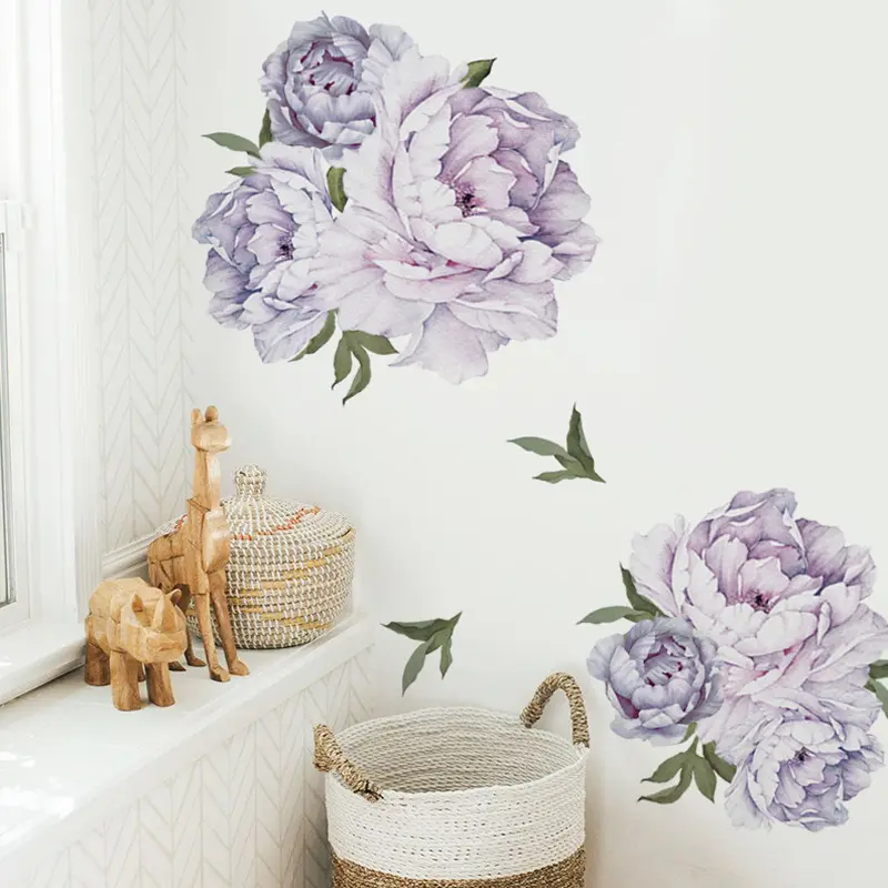 Light Purple Peony Flower Wall Stickers Romantic Blooming Flowers Wallpaper For Bedroom Living Room Removable PVC Wall Mural