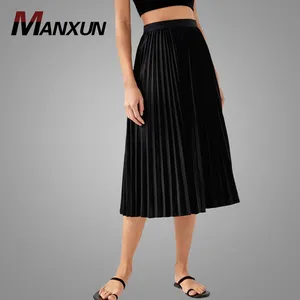 Горячая распродажа атласная плиссированная юбка Классические черные юбки миди онлайн