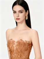 Robe de soirée moulante mi-longue sans bretelles en maille à sequins marron doré, idéale pour les banquets et cocktails – Nouvelle collection très prisée