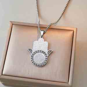 Collar de Moda Religiosa Musulmana Árabe con Colgante de Acero Inoxidable con Diseño de Ayatul Kursi, <span class=keywords><strong>Palma</strong></span> y Zirconia, para Eid - Product Image 3