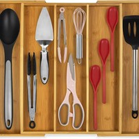 Organisateur de couteaux de cuisine en bambou, boîte de rangement, plateau à couverts de type tiroir, séparateurs réglables, compartiments sans couvercle, design moderne