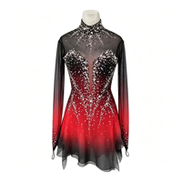 Robe de patinage artistique à dégradé noir et rouge avec strass, col montant, manches longues, en maille, pour compétition et spectacle sur glace, pour adultes et enfants