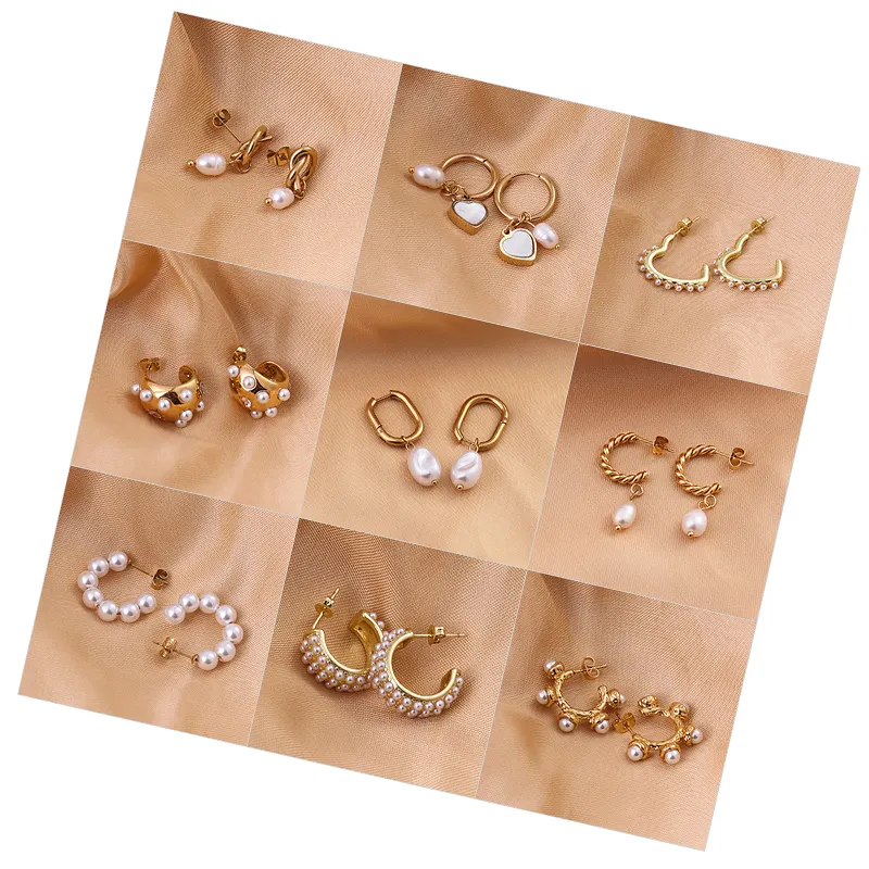 Conjunto de joias de luxo para mulheres, brincos de pérola em aço inoxidável banhados a ouro 18K, joia pendurada da moda, com alças e brincos de aço inoxidável