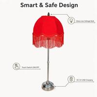 Lámpara de Mesa Inalámbrica Recargable con Flecos Rojos, Pantalla de Tela con Borlas Estilo Victoriano, Funciona con Batería, Luz Decorativa para Centro de Mesa de Boda