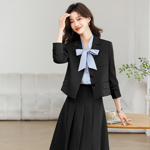 Grey Women's Suit Set Midi Skirt Three Quarter Sleeve Office Lady Anti-Wrinkle Polyester Worsted Formal Wear - Product Image 3