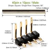 40 pines ángulo recto macho 2,54mm cabezal de pasador doblado fila única 90 grados conector de aguja chapado en oro para Arduino PCB Raspberry