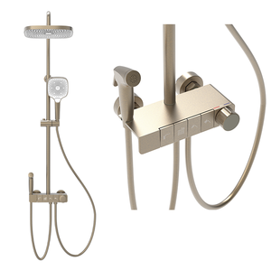 Ensemble de douche piano pour hôtel, <span class=keywords><strong>corps</strong></span> principal en laiton à poignée unique, finition or brossé, pomme de douche à jet de massage avec fonction pause incluse - Product Image 1