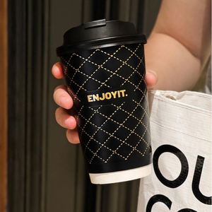 New Design Fashion Luxury Rhombus Checkered Double Wall Paper <b>Cups</b> Hot Milk Tea Coffee 16oz Paper <b>Cup</b> with Lids - Product Image 4