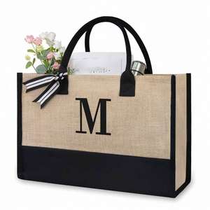Hot Wedding Birthday Beach Festival Gift for Mom Teacher Friend <b>Bridesmaid</b> Initial <b>Tote</b> Jute <b>Bags</b> - Product Image 1