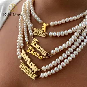 Elegant Imitation Pearl Choker Necklace Alloy Custom Name Initial personalized Pendant Necklaces
