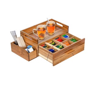 Acacia Wood <b>Tea</b> Bag <b>Box</b> Multi Functional Drawer Storage Organizer Natural Color Rectangle Tabletop Mount - Product Image 5