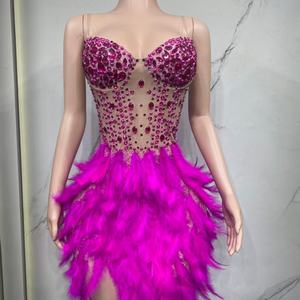 <span class=keywords><strong>Robe</strong></span> de soirée élégante marron en maille ornée de strass et de plumes, sexy et scintillante, pour femme, idéale pour les fêtes, anniversaires et spectacles - Product Image 3