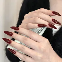 24 stuks wijnrode Y2K trendy kunstnagels, volle nageltips, voor op de vingers, hoge kwaliteit ABS plastic kunstnagels