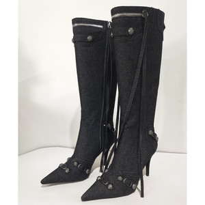 Nouvelles bottes pour femmes en denim, style rétro, à franges, tendance, talon aiguille, longueur genou - Product Image 5