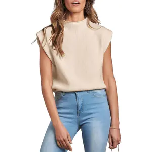 Pakaian Musim Panas 2024 kaus tanpa lengan leher tiruan wanita rompi sweter lengan kasual rajutan Pullover Tank top