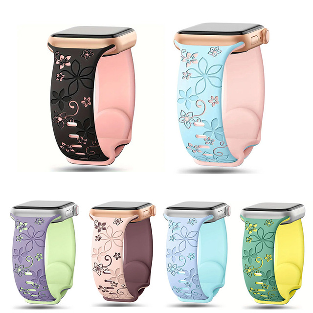 Engraved Dual Layer Silicone Watch Band for Apple ultra 2 3 11 10 9 8 7 6 - Customizable Breathable Two-Color Flower Watch Strap