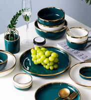 Juego de Vajilla Europeo Ecológico Personalizado Color Esmeralda para Restaurante y Hotel, 5 Piezas, Platos de Porcelana Esmaltada con Borde Dorado, Aptos para Microondas