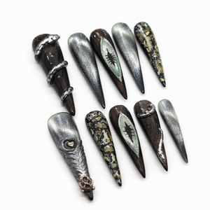 Faux ongles en acrylique faits à la main, forme stiletto ou amande, couvrance totale, motifs 3D gothiques punk avec paillettes et sequins - Product Image 4