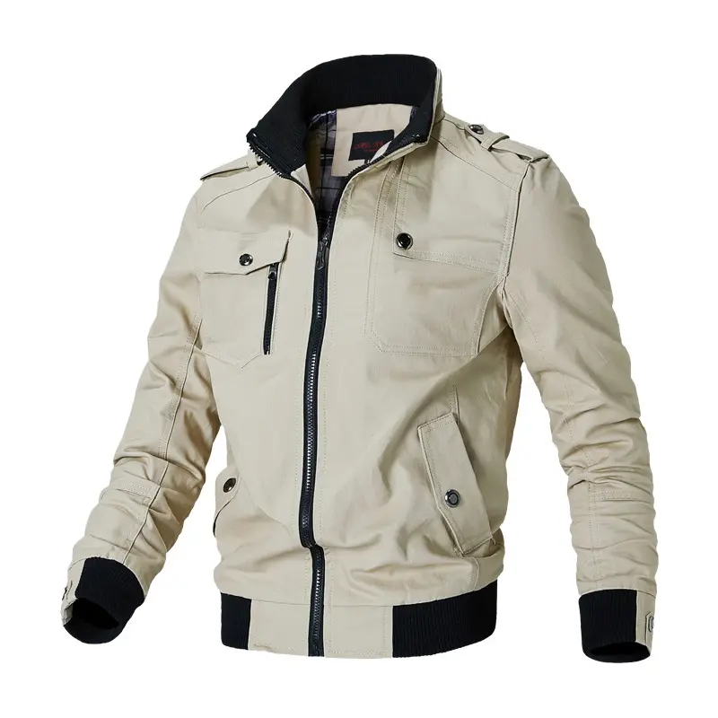 Jaqueta masculina personalizada OEM de cor sólida com manga comprida e gola alta com zíper jaqueta slim fit jaqueta casual de algodão