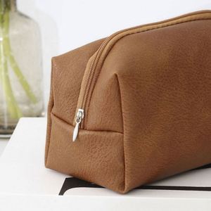 Solid-Color High-End PU Makeup Bag Soft Handle Zipper Closure Large Capacity Portable <b>Toiletries</b> <b>Storage</b> - Product Image 6