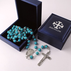 8mm turchese pietra perline <span class=keywords><strong>rosario</strong></span> <span class=keywords><strong>collana</strong></span> da uomo gioielli religiosi cattolici <span class=keywords><strong>in</strong></span> <span class=keywords><strong>argento</strong></span> placcato con scatola blu - Product Image 4