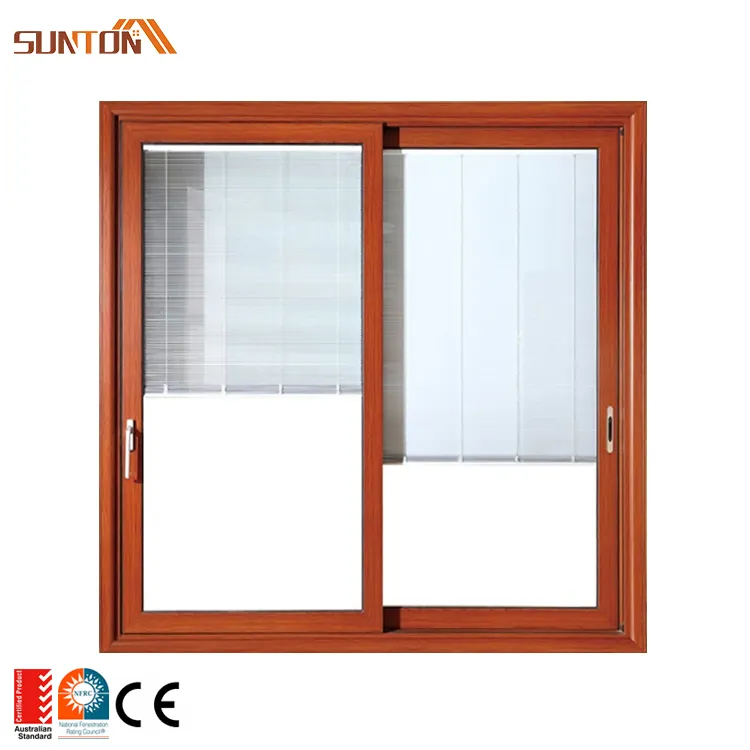نوافذ خشبية مخصصة من الألومنيوم نوافذ خشبية حديثة بإطار من الحبوب والألومنيوم مزدوجة الزجاج والنافذة الانزلاقية ذات تصميم ستائر مدمجة