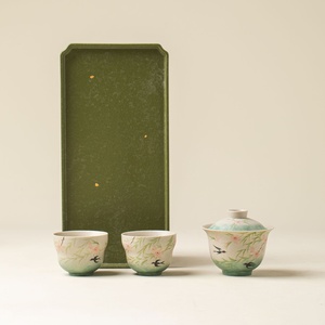 Service à thé Kung Fu en céramique sous glaçure, motif fleur de pêcher peint à la main, comprenant une tasse à thé, une théière et un bol avec couvercle, pour usage domestique - Product Image 2