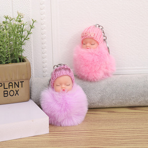 8CM mignon dormir bébé poupée porte-clés Pom Pom lapin boule <span class=keywords><strong>de</strong></span> fourrure bébé porte-clés moelleux voiture porte-clés <span class=keywords><strong>sac</strong></span> breloque peluche fourrure poupée porte-clés - Product Image 5