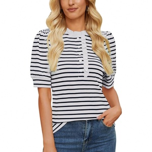 Nuova T-shirt a Righe <span class=keywords><strong>con</strong></span> <span class=keywords><strong>Volant</strong></span> in Stile Occidentale per Primavera ed Estate, <span class=keywords><strong>con</strong></span> Maniche a Sbuffo, Camicia Casual e Versatile da Donna - Product Image 1