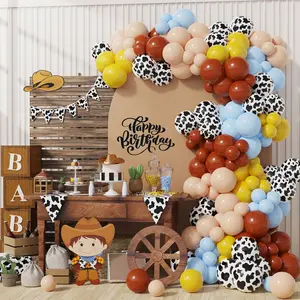 男孩生日婴儿淋浴122支牛仔派对装饰农场动物主题气球花环拱形套件蓝色咖啡乳胶气球