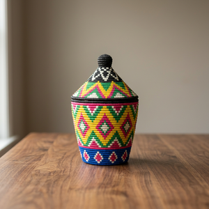 Panier artisanal en bambou tressé fait main, écologique, avec doublure en paille, motifs géométriques colorés, art populaire, matériaux naturels pour la maison - Product Image 1