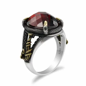 真正 925 纯银红石图章戒指与黑色立方锆石, 伊斯兰教阿拉伯黄铜剑戒指为男士派对珠宝