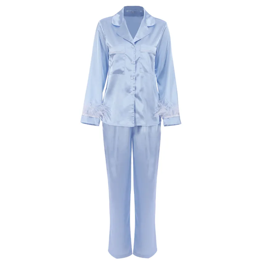 Women Sleepwear 2 Pieces Set Real Ostrich Fur Feather Trimming Cuffs Detachable Silk Pajamas