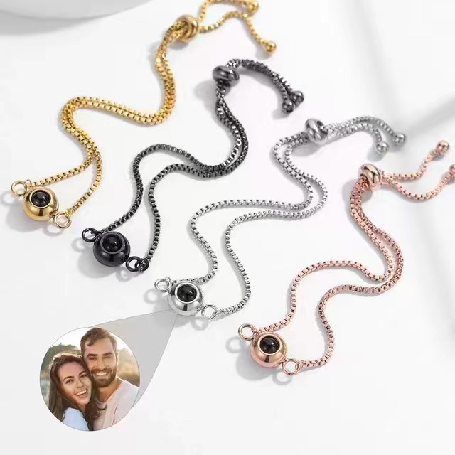Handmade Custom Photo Projection Bracelets 100 Languages I Love You Stainless Steel 18K Gold Plated Nano Micro-Carved Projection